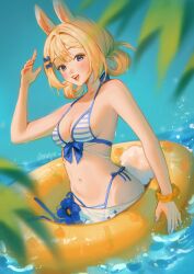 :d animal_ears bangs bikini blonde_hair blue_eyes blurry blurry_background breasts cleavage depth_of_field female hair_ornament innertube looking_at_viewer medium_breasts navel open_mouth outdoors short_hair smile solo striped striped_bikini swimsuit vyugen wading yenko