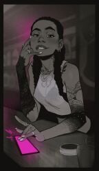 1girls arm_tattoo biting_lip biting_own_lip breasts covered_nipples dark-skinned_female dark_skin ear_piercing female female_pervert female_pov haylee_(i_will_never_forgive_you) i_will_never_forgive_you incase long_hair looking_at_viewer low_twintails monochrome multiple_rings nail_polish naughty_face neck_tattoo nose_piercing original piercing pov raised_eyebrows remote_control_vibrator ring sleeve_tattoo sleeveless small_breasts solo spot_color tattoo tattooed_arm thick_eyebrows