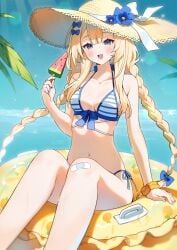 :d bandaid bangs bare_shoulders bikini blonde_hair blue_bikini blue_bow blue_eyes bow braid breasts cleavage collarbone day eyebrows_visible_through_hair female flower food hat hat_bow hat_flower hat_ribbon holding holding_food innertube long_hair looking_at_viewer medium_breasts navel open_mouth outdoors popsicle side-tie_bikini sitting smile solo stomach string_bikini striped striped_bikini sun_hat swimsuit twin_braids very_long_hair vyugen yenko yenkoes