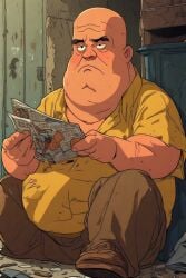ai_generated cave fat_bald_man giant next old_torn_clothes robot_underground rusty_robots sad sitting to