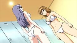 2girls :d :o agent_aika aika_sumeragi aika_zero annoyed arm ass bare_arms bare_legs bare_shoulders bra breasts brown_hair clenched_hand collarbone dutch_angle female female_only grey_hair highres human human_only indoors legs lingerie long_hair looking_at_another medium_breasts midriff miyu_shiratori multiple_girls navel neck panties short_hair smile standing strapless strapless_bra sweatdrop white_bra white_panties