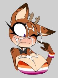 1girls big_breasts blush breasts brown_body brown_fur cum cum_on_face cum_on_fingers deer female female female_only furry lesbian_pride_colors nelljoestar purple_eyes winter_(nelljoestar) yuri