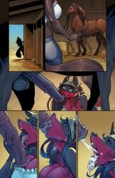 animal_genitalia animal_penis anthro anthro_on_feral balls bandeau_bra biped black_body black_fur black_hair black_nipples bodily_fluids bottomwear bridle brown_body brown_mane clothing comic cum cum_in_mouth cum_in_throat cum_inside deep_throat denim denim_bottomwear denim_clothing digital_media_(artwork) duo equid equine equine_genitalia equine_penis female feral fur genital_fluids genitals glistening glistening_eyes hair hay hay_bale heart_eyes heart_symbol hi_res horse jeans kerchief kythie_(legend_of_queen_opala) legend_of_queen_opala licking magihound male male/female mammal mane nipples oral oral_penetration pants penetration penile penis penis_lick quadruped red_body red_fur reins saliva sex simple_background stable teeth temporalwolf tongue yellow_background zoophilia