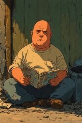 ai_generated cave fat_bald_man giant next old_torn_clothes robot_underground rusty_robots sad sitting to