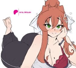 1girls arte_mitzuki artemitzuki_(artist) ass blush bra brown_hair clothing doki_doki_literature_club female green_eyes legs_crossed looking_at_viewer lying lying_down monika_(doki_doki_literature_club) ponytail pose ribbon smile underwear white_hair