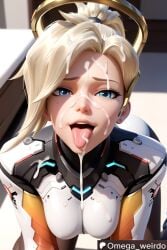1girl1boy ai_generated angela_ziegler bed bedroom blonde_female blonde_hair blue_eyes cumshot cumshot_in_mouth cumshot_on_face earrings facial facial_cumshot female halo happy kneeling kneeling_female kneeling_oral_position looking_at_viewer medium_breasts mercy omega_weirdo open_mouth overwatch overwatch_2 patreon ponytail pov short_hair smiling smiling_at_viewer solo solo_female solo_focus sticking_out_tongue