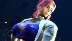 3d big_breasts blazer blue_eyes bra breasts choker cleavage female female_focus female_only french french_female lingerie manon_legrand nail_polish pink_hair sf_screenshot street_fighter tagme