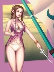 bellhenge bikini bikini_bottom bikini_top bracelet breasts brown_hair cleavage earrings female female_only grey_eyes long_hair looking_at_viewer medium_breasts navel nintendo outdoors panties pointy_ears princess_zelda solo the_legend_of_zelda the_wind_waker thighs twilight_princess wand wind_waker zelda_(twilight_princess)