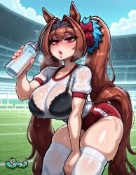 1girls ai_generated animal_ears bangs black_bra blush bottle bra bra_visible_through_clothes breasts brown_hair buruma daiwa_scarlet_(umamusume) day gym_uniform hair_intakes holding holding_bottle horse_ears horse_girl horse_tail large_breasts leaning_forward long_hair looking_at_viewer open_mouth outdoors pengu997 red_eyes see_through shirt short_sleeves skindentation sky solo sweat sweaty_clothes tail thick_thighs thighhighs thighs tiara tracen_training_uniform twintails umamusume underwear very_long_hair water_bottle wet wet_clothes wet_shirt white_shirt white_thighhighs