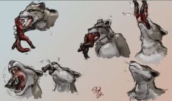 2024 almost_fully_inside anthro ass black_body black_fur bodily_fluids claws closed_eyes colored dated duo feet fur gradient_background grey_body grey_fur guide_lines head_first hi_res jeri_kleinlowe larger_pred macro macro_pred male male/male mammal micro micro_pred nude_pred nude_prey open_mouth oral_vore partially_inside procyonid raccoon red_body red_fur red_text saliva signature simple_background size_difference swallowing tail teeth text tongue vore willing_pred