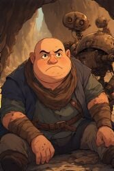 ai_generated cave fat_bald_man giant next old_torn_clothes robot_underground rusty_robots sad sitting to