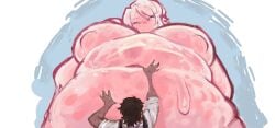 1boy 1girls belly breasts fat faust_(limbus_company) female gain grabbing_belly heathcliff_(limbus_company) kaibutsuorochi limbus_company male massive_breasts obese pink_slime project_moon size_difference slime slime_girl transformation weight