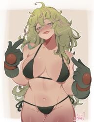 1girls artist_name big_breasts bikini boku_no_hero_academia busty curvy gloves green_eyes green_hair kyopink light-skinned_female light_skin my_hero_academia pointing_at_self tooru_hagakure tooru_hagakure_(visible)