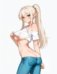 ai_generated ass butt_crack crop_top denim denim_jeans elf elf_ears female green_eyes high_ponytail lowleg lowleg_pants medium_breasts midriff nipple_outline off_shoulder perky_ass perky_butt platinum_blonde_hair pointy_ears ponytail short_sleeves skinny_jeans slim solo underboob zorkpics