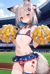 1boy 1femboy 2025 ai_generated alternate_version_available american_flag_bikini animal_ear_fluff animal_ears balls belly bikini bikini_bottom bikini_top blush bulge cheerleader cheerleader_outfit cheerleader_uniform civitai collar crossdressing earth4 femboy feminine_male girly legwear looking_at_viewer microskirt navel nipples original outdoors outside penis pompoms skirt solo stadium stadium_background standing testicles thighs trap zettai_ryouiki