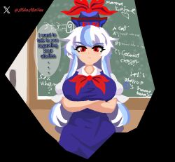 1girls ass big_breasts blue_clothing blue_hair board breasts classroom clothed english_text female hat humor keine_kamishirasawa looking_at_viewer mikominfuu pixel_art red_eyes simple_background solo teacher text text_bubble touhou touhou_project white_hair