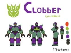 black_body character_name character_sheet claws clobber_(transformers) cyclops cyclops_girl figurkaest green_body model_sheet purple_lips red_eyes robot robot_girl robot_humanoid text transformers