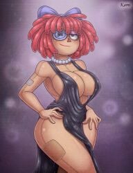 ass blush breasts cleavage doll dress hand_on_hip huge_breasts kamikamatayan kamisulit necklace one_eye_covered ragatha_(the_amazing_digital_circus) ragdoll red_hair ribbon short_hair tagme the_amazing_digital_circus thick_thighs voluptuous wide_hips