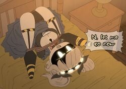 1girl angry arms_behind_back bedroom bondage cosplay embarrassed english_text imminent_rape imminent_sex j_(murder_drones) koutetsu_no_majo_anneroze legs_up maid mitico_fleuretty murder_drones n_(murder_drones) pachinsfw pre_sex spread_legs tied_up