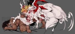 ass bara blonde_hair chimera claws completely_nude corrosion dark-skinned_male dark_hair dark_skin dialogue diphallia diphallism dragon ejaculation gay gooning grabbing_from_behind heathcliff_(limbus_company) honestly_quite_incredible leakylycan limbus_company loving_it male male_only monster monster_on_human monsterfucking morphing multi_arm multi_genitalia multi_limb multi_penis muscular muscular_male nude oh_my_god oh_my_goodness_gracious penis precum precum_drip project_moon rimming rimming_male scars sinclair_(limbus_company) thick_thighs unusual_anatomy unusual_penis white_body wings yaoi