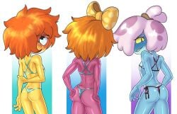 3girls aged_up amphibia amphibia_(finale) amphibia_(series) amphibian anthro anthro_female anthro_only ass bikini blonde_hair blue_skin bow_on_head breasts cub eyebrows eyelashes female female_cub female_only frog frog_girl frog_humanoid frogs ivy_sundew maddie_flour multiple_girls orange_hair polly_plantar purple_hair purple_skin ribbon small_breasts straight_hair tail tullymonst3r url young young_anthro young_female