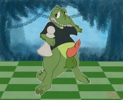 2025 anthro anus balls black_clothing black_shirt black_topwear body_spikes bottomless chess.com chess_board chess_piece chesster_the_magical_chess-playing_dinosaur claws clothed clothing countershade_torso countershading dated diamond_(marking) diamond_pupils digital_media_(artwork) dinosaur embarrassed genitals green_body green_claws hi_res lendri_mujina male markings medibang_paint_(artwork) overbite pawn_(chess) penis prehistoric_species reptile scalie shirt signature solo t-shirt theropod topwear tyrannosaurid tyrannosauroid tyrannosaurus tyrannosaurus_rex