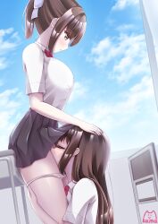 2girls black_skirt blue_sky blush bow bowtie brown_eyes brown_hair classroom cloud collared_shirt commentary_request cunnilingus desk female female/female female_only hand_on_another's_head highres indoors kamakama_(kdmorh_kamakama) lesbian lesbian_sex lesbians long_hair multiple_females multiple_girls oral oral_sex original panties panty_pull parted_lips pleated_skirt ponytail red_bow red_bowtie school_desk shirt skirt sky standing standing_cunnilingus underwear white_panties white_shirt yuri