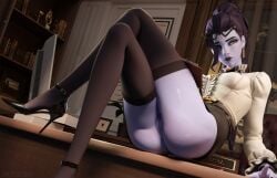 1girls black_lipstick blizzard_entertainment glasses m71z30 no_panties overwatch overwatch_2 principal_lacroix purple_skin pussy stockings widowmaker yellow_eyes