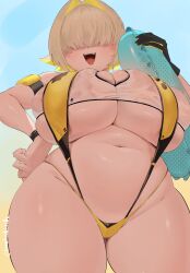 blonde_hair blue_innertube blush breasts cleavage clothing_cutout elegg_(boom_and_shock)_(nikke) elegg_(nikke) female gloves goddess_of_victory:_nikke hair_intakes hair_over_eyes heart_cutout highres huge_breasts korehakonbu long_bangs looking_at_viewer multicolored_gloves multicolored_hair navel open_mouth plump see-through_slingshot_swimsuit shiny_skin short_hair slingshot_swimsuit smile solo standing swimsuit two-sided_gloves two-tone_hair underboob yellow_gloves yellow_slingshot_swimsuit