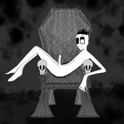 1boy acne barefoot doodle ear_piercing earring erection gothic greyscale horror horror_(theme) johnny_the_homicidal_maniac lanky male mmy pentagram pentagram_nipples practice skinny skinny_male skulls spooky stylized throne unusual_anatomy unusual_nipples winking