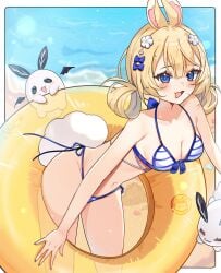 animal_ears bare_shoulders bikini blonde_hair blue_bikini blue_eyes breasts cleavage female flower hair_flower hair_ornament innertube looking_at_viewer navel oerba_yun_fang open_mouth side-tie_bikini small_breasts smile string_bikini striped striped_bikini swimsuit virtual_youtuber vyugen white_flower yenko