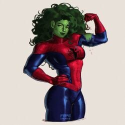 1girls artist_name busty curvy flexing flexing_bicep green_hair green_skin hand_on_hip jennifer_walters marvel marvel_comics muscular muscular_female pepedraws she-hulk spider-man_(cosplay) tearing_clothes tight_clothing