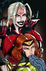 2girls big_lips blowjob breasts defeat defeated defeated_heroine dominant_female green_eyes grinning hela hela_(marvel_rivals) huge_breasts jean_grey lips marvel marvel_rivals out_of_frame_male penis phoenix_(marvel_rivals) phoenix_(x-men) red_eyes smile smiling symbiote two_girls vein veiny_penis x-men