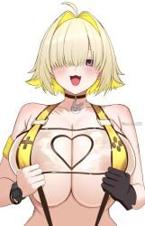 ahoge black_choker blonde_hair breasts choker cleavage clothing_cutout collarbone commentary_request elegg_(boom_and_shock)_(nikke) female goddess_of_victory:_nikke hair_intakes hair_over_one_eye heart_cutout highres huge_breasts oerba_yun_fang official_alternate_costume purple_eyes short_hair simple_background solo surippa1010 swimsuit upper_body watch white_background wristwatch
