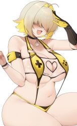 :d absurdres arm_up bikini black_choker black_gloves blonde_hair breasts choker cleavage_cutout clothing_cutout curvy elegg_(boom_and_shock)_(nikke) elegg_(nikke) f7k_x5 female gloves goddess_of_victory:_nikke hair_over_eyes heart_cutout highres huge_breasts navel oerba_yun_fang official_alternate_costume open_mouth plump simple_background sitting smile solo stomach suspenders swimsuit white_background yellow_bikini