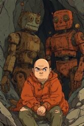 ai_generated cave fat_bald_man giant next old_torn_clothes robot_underground rusty_robots sad sitting to