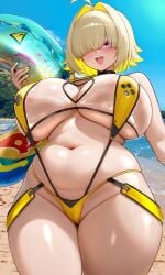 :d absurdres ahoge beach bikini black_choker blonde_hair blue_sky blush breasts choker cleavage_cutout clothing_cutout curvy day elegg_(boom_and_shock)_(nikke) elegg_(nikke) female goddess_of_victory:_nikke heart_cutout highres holding holding_swim_ring huge_breasts navel ocean official_alternate_costume outdoors plump purple_eyes raskasar see-through_clothes short_hair sky slingshot_swimsuit smile solo stomach suspenders swim_ring swimsuit thick_thighs thighs yellow_bikini