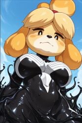 ai_generated animal_crossing anthro breasts female goo goo_creature isabelle_(animal_crossing) looking_down low-angle_view marvel sad she-venom slime solo sticky symbiote symbiote_suit symbiote_takeover tagme transformation