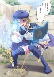 blonde_hair blue_eyes blue_hat book commentary_request female frilled_skirt frills hat highres laaapie looking_at_viewer magic_circle open_mouth original outdoors peeing shirt shoes skirt solo sound_effects speech_bubble teeth thighhighs translation_request urine white_shirt