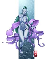 artist_logo artist_name barefoot blue_skin body_markings female final_fantasy final_fantasy_vii floating forehead_mark green_hair komainu_(artist) long_hair looking_at_viewer medium_breasts mostly_nude_female ponytail pussy sharp_ears sharp_fingernails shiva_(final_fantasy) snow snowing snowy_background solo solo_female stretching_underwear summon toe_ring underwear_around_one_leg underwear_only white_background
