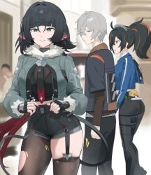 1boy 2girls cowboy_shot crop_top distracted_boyfriend fur_trim_(clothing) handlebars hood_(james_x) jane_doe_(zenless_zone_zero) looking_at_another looking_back meme meme_reference new_eridu_public_security outdoors outside pantyhose police_uniform policewoman rat_ears rat_girl ripped_pantyhose thick_ass thick_thighs thiren wise_(zenless_zone_zero) zenless_zone_zero zhu_yuan