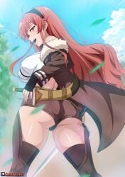 ahoge artist_name ass back black_gloves black_hairband blue_sky boots breasts brown_boots brown_jacket brown_shorts cameltoe cloud cloudy_sky crop_top dagger eris_greyrat eyebrows_hidden_by_hair falling_leaves female fingerless_gloves fur-trimmed_jacket fur_trim gloves hairband highres holding holding_dagger holding_knife holding_sword holding_weapon jacket kami_otaku knife large_breasts leaf long_bangs long_hair looking_back mushoku_tensei off_shoulder open_mouth red_eyes red_hair short_shorts shorts sky sleeveless sleeveless_turtleneck smile solo standing sword teeth thigh_boots thighs tongue tree turtleneck underbutt upper_teeth_only very_long_hair weapon