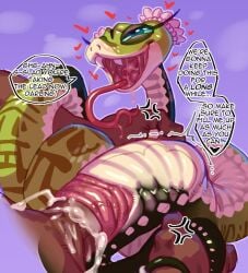 blue_eyes blush bodily_fluids bulge cloacal cloacal_penetration coiling cum cum_in_cloaca cum_inside dialogue dreamworks duo english_text erection eye_roll fangs female female_on_human feral feral_penetrated forked_tongue genital_fluids genitals glans green_body green_scales happy happy_sex heart_symbol human human_on_feral human_penetrating human_penetrating_feral humanoid_genitalia humanoid_penis interspecies kung_fu_panda larger_human larger_male looking_at_viewer looking_pleasured male male/female male_on_feral mammal master_viper penetration penile penile_penetration penis penis_in_cloaca reptile sappucaio scales scalie serpentine sex size_difference smaller_female smaller_feral smile snake tail tail_around_penis tail_fetish tail_play teeth text tongue tongue_out viper zoophilia