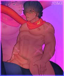 abs balls bara gay leaking_cum lighter_(zenless_zone_zero) male precum scarf solo toned_male uncut_penis zenless_zone_zero