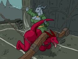 2_horns anthro bethesda_game_studios big_breasts bondage bondage bound breasts butt_slap clothed clothing dragon duo female female/female fully_clothed green_clothing grey_body grey_sclera hi_res horn looking_pleasured mammal microsoft milfnir mythological_creature mythological_scalie mythology red_(colarix) red_body scalie skyrim slap tail text the_elder_scrolls tongue tongue_out vylfgor