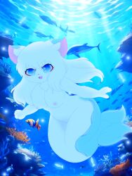 3:4 ai_assisted ai_generated_background breasts canid canine female fox fur genitals hair mammal marine merfolk nipples nude smile solo split_form tail vulva wind_chimes_(artist)