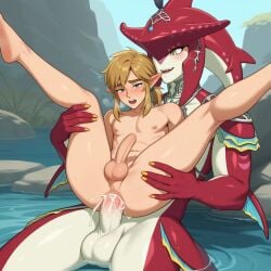 2boys ai_generated anal anal_sex anal_sex anus balls blonde_hair blush breath_of_the_wild closed_eyes femboy gay hylian kelowantic240 light-skinned_male link male partially_submerged penis pointy_ears precum prince_sidon sex sidon_(zelda) sweat sweatdrop tears_of_the_kingdom testicles the_legend_of_zelda twink waterfall yaoi zora