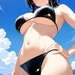 2025 ai_generated beach_background belly black_bikini black_hair_female closed_mouth closed_mouth_smile grinning_at_viewer hand_on_hip instagram looking_down_at_viewer meta mouth_closed red_cheeks short_hair_female smile_at_viewer smiling_at_viewer ten01c tummy unknown_character