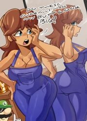 1boy 1girls ? ass bedroom blue_eyes blue_overalls breasts cleavage clothing dat_ass dialogue duo facial_hair female gloves green_hat hand_on_ass hat hourglass_figure indoors light-skinned_male light_skin looking_at_mirror looking_back luigi male male/female mario_(series) mature mature_female mature_male mirror moxydraws moxydrawsmore nintendo open_mouth princess_daisy smile sunglasses tan_skin tan_skinned_female text thick_ass thumbs_up white_gloves