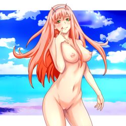 aqua_eyes breasts darling_in_the_franxx eyebrows_visible_through_hair female finger_to_mouth hairband horns innie_pussy legs_apart long_hair looking_at_viewer medium_breasts nike_(0306) nipples nude pink_hair pussy smile solo standing uncensored white_hairband zero_two_(darling_in_the_franxx)